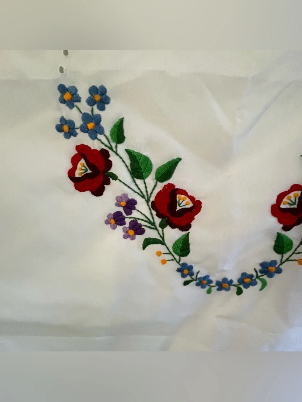 Vintage Hand Embroidered Kalocsa Floral Tablecloth Lace Trim White 88 X 44